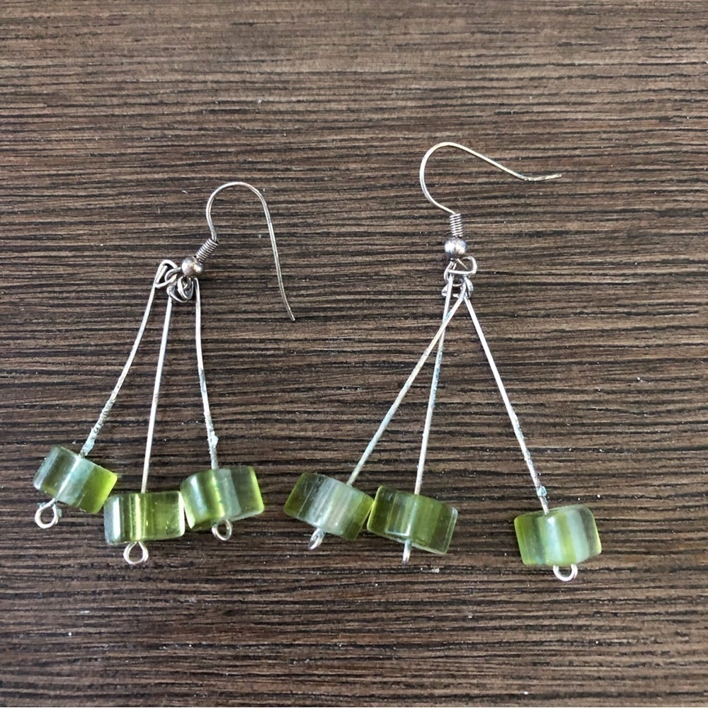 Handmade green beaded dangle fishhook earrings